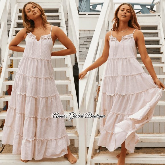 NWT, Anthropologie  Senorita Gingham Ruffled Maxi Dress - Picture 2 of 16